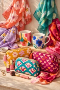 Kadınlar günü renkli fularlar, kupalar, makyaj çantaları