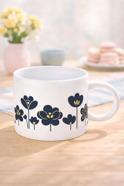 Lacivert Çiçek Desenli Porselen Kupa