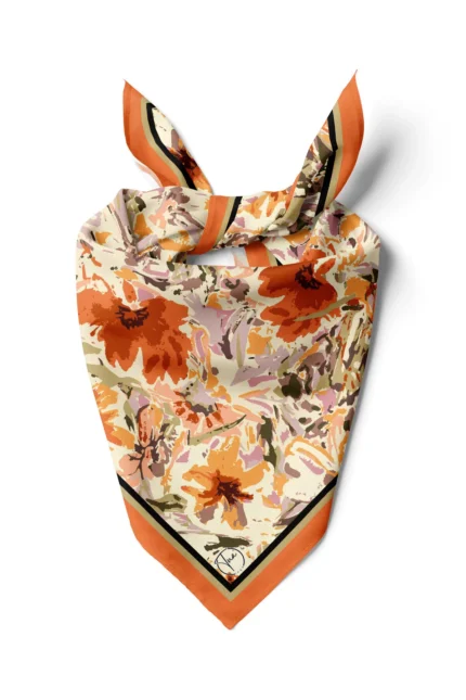 Turuncu Çiçek Desenli Fular