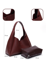 Suni Deri Çıtçıtlı, Fermuarlı, Makyaj Çantalı, Bordo, El, Kol ve Omuz Çantası - Görsel 2