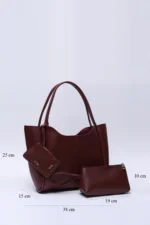 Bordo, Suni Deri, Çıtçıtlı, Cüzdanlı, Makyaj Çantalı, El ve Omuz Çantası - Görsel 2