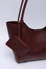 Bordo, Suni Deri, Çıtçıtlı, Cüzdanlı, Makyaj Çantalı, El ve Omuz Çantası - Görsel 3