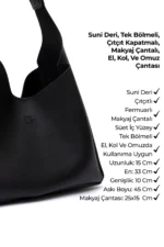 Suni Deri, Çıtçıtlı, Fermuarlı, Makyaj Çantalı, Siyah, El, Kol ve Omuz Çantası - Görsel 3