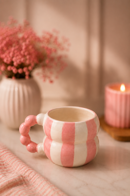 Pembe Şerit Desenli Boncuk Kulplu Kupa