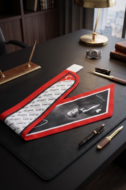 Kirmizi Ataturk Portre ve Imza Desenli Kravat Fular