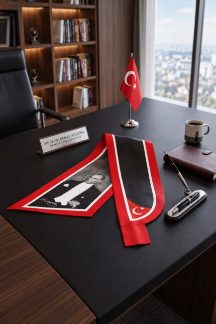 Siyah Zemin Ataturk Portre Desenli Kravat Fular