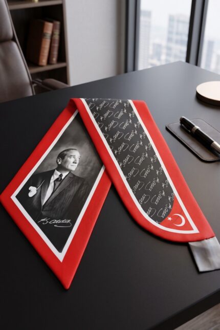 Kirmizi Cerceveli Ataturk Imza Desenli Kravat Fular